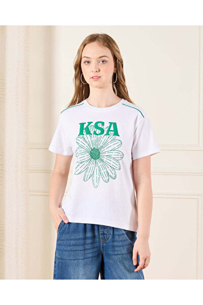 REDTAG Senior Girls White KSA Print T-Shirt