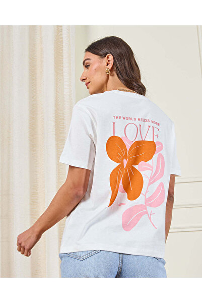 REDTAG تي شيرت نسائي أبيض مطبوع قصة فضفاضة