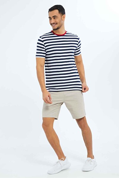REDTAG Men White And Navy Striped T-Shirt