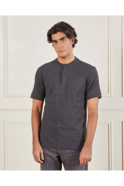 REDTAG Men Charcoal Mandarin Collar T-Shirt