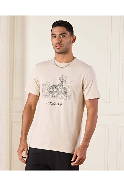 REDTAG Men Beige Basic Graphic T-Shirt