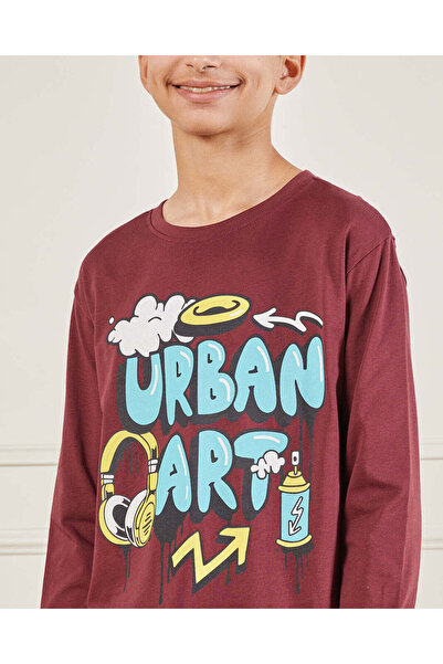 REDTAG Senior Boys Burgundy Urban Art Print T-Shirt