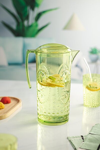 Mustran Acrylic Green Jug 2.3 Lt and 6 Pieces & Water Soft Drink Coffee Side Glass 400 ml Set (Not Glass)