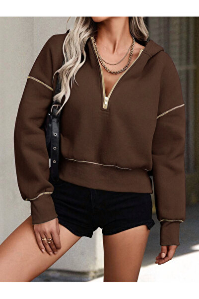 MOONBULL Γυναικείο φούτερ με κουκούλα με κίτρινη ραφή και λεπτομέρεια με μισό φερμουάρ σε χρυσό χρώμα