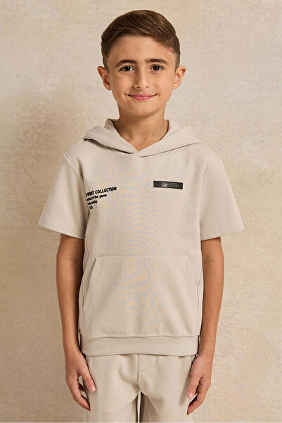REDTAG Boys Ecru Hooded Short Sleeve T-Shirt