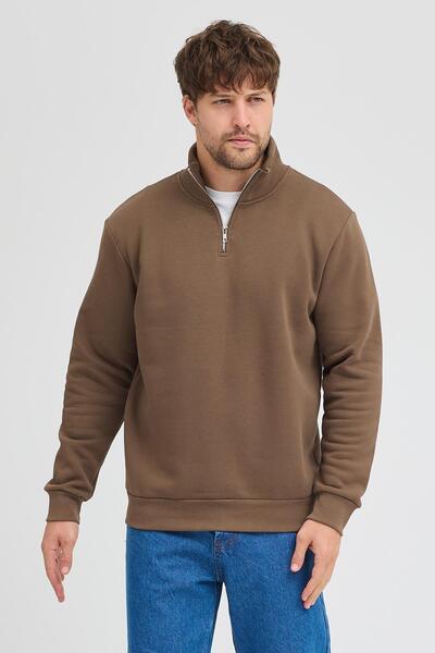 Polo State Unisex Regular Fit Comfortable Cut Cotton Fleece Inside Half Zipper Brown Mock Neck Sweatshirt