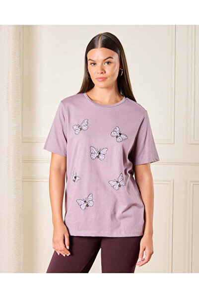 REDTAG Women Lilac Embellished T-Shirt