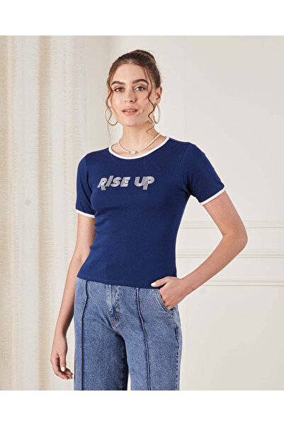 REDTAG تي شيرت نسائي مضلع مطبوع الأزرق البحري