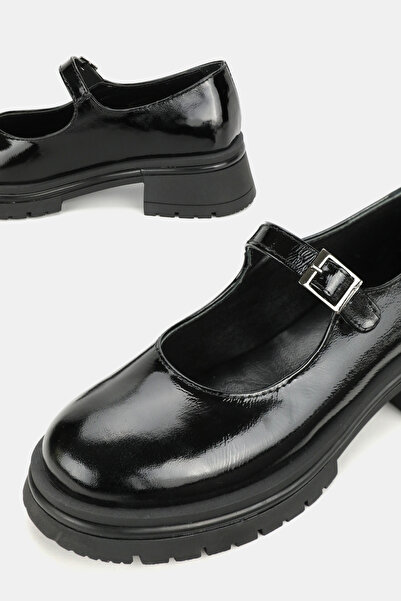 TUNAELLİ Women's Black Patent Leather Genuine Natural Leather Size 36-41 Buckle Thick Heel Mary Jane Shoes