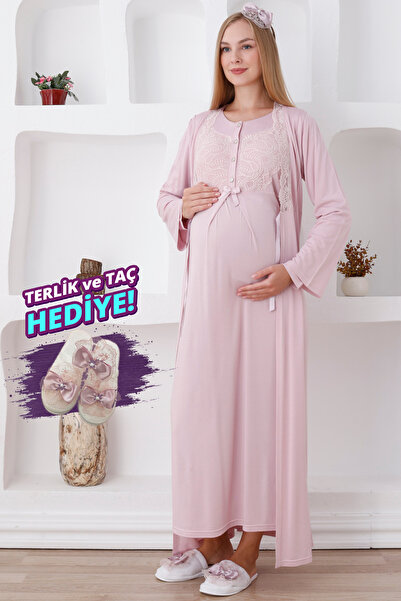 ERDENİZ TEKSTİL طقم ملابس نوم للحوامل / بأزرار وتفاصيل دانتيل / هدية مع شبشب وتاج