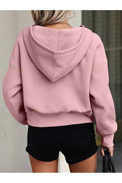 MOONBULL Women's Yellow Stitched Gold Half Zipper Detailed Hooded Sweatshirt