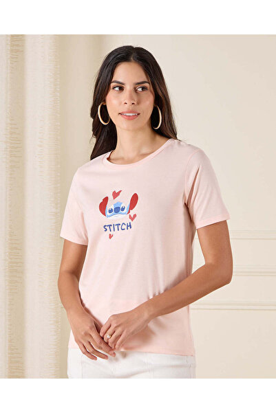 REDTAG تي شيرت نسائي مطبوع غرزة وردية