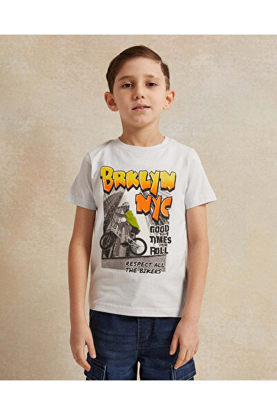 REDTAG Boys Blue Brooklyn Print T-Shirt