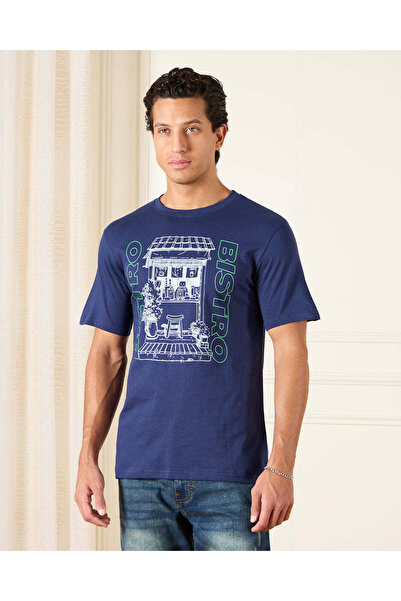 REDTAG Men Blue Basic Graphic T-Shirt