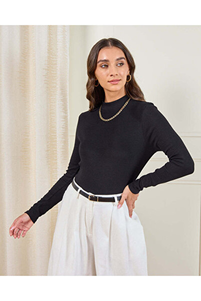 REDTAG Women Black Basic High Neck T-Shirt