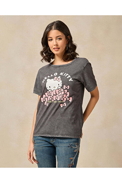 REDTAG Women Charcoal Acid Wash Hello Kitty Printed T-Shirt
