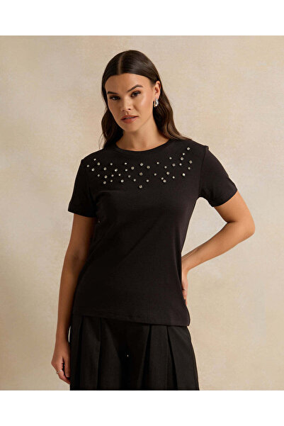 REDTAG Women Black Embellished T-Shirt