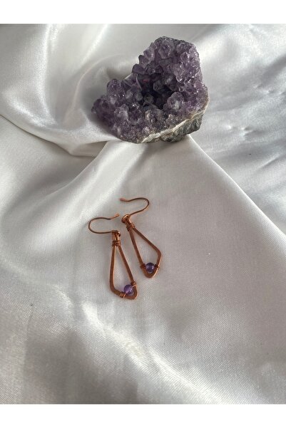 İDE TAKI TASARIMM HAM BAKIRDAN YAPILMIŞ EL YAPIMI DOĞAL TAŞ AMETİST TAŞLI [meditasyon ve kişisel gelişim] KÜPE