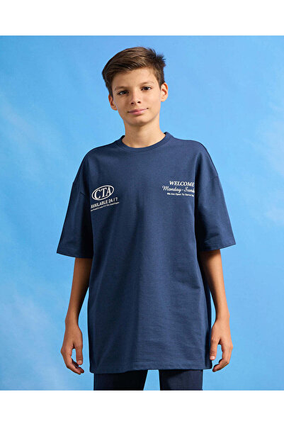 REDTAG Senior Boys Blue Printed Oversize T-Shirt