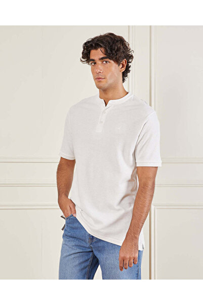 REDTAG Men White Mandarin Collar T-Shirt