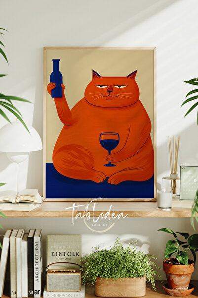 tablodea Ilustrație cu pisică ținând un pahar, tablou poster înrămat TD Pinte...