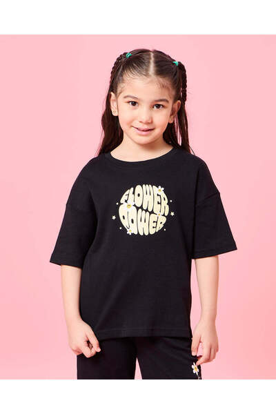 REDTAG Girls Black Floral Print T-Shirt