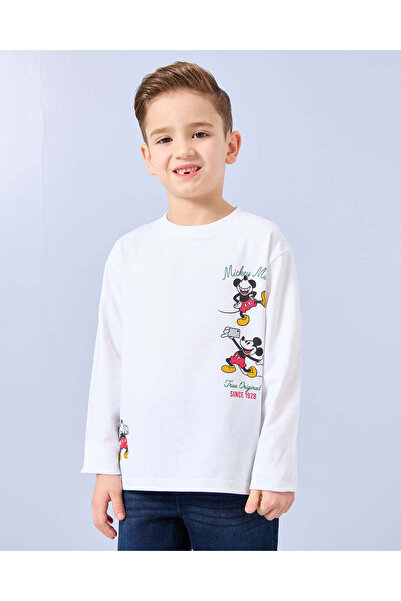 REDTAG Boys White Mickey Mouse Print T-Shirt