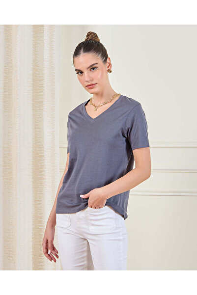 REDTAG Women Grey V-Neck T-Shirt