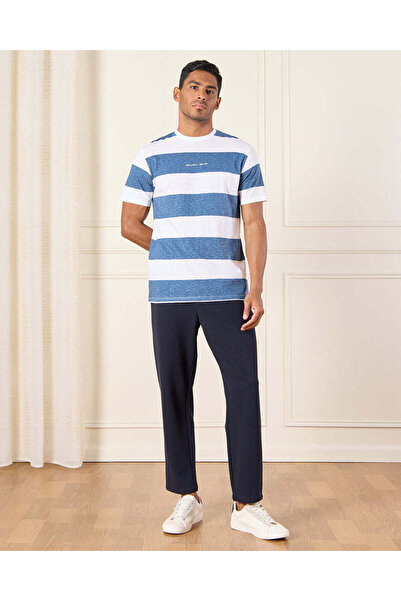 REDTAG Men White And Blue Striped T-Shirt