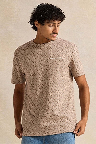 REDTAG Men Beige Printed T-Shirt