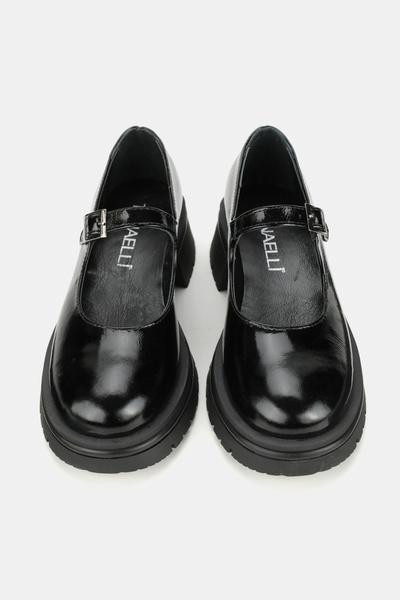 TUNAELLİ Women's Black Patent Leather Genuine Natural Leather Size 36-41 Buckle Thick Heel Mary Jane Shoes