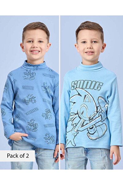 REDTAG طقم تي شيرت سونيك أزرق برقبة عالية للأولاد (عبوة من قطعتين)