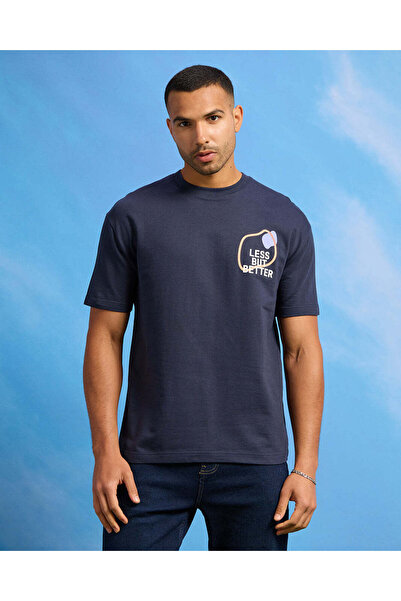 REDTAG Men Navy Terry Printed T-Shirt