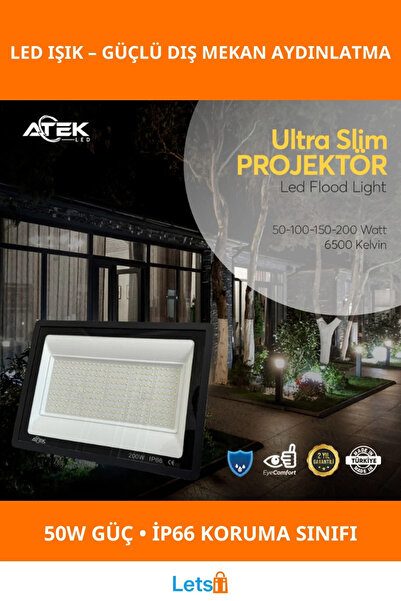 Letsii Ultra İnce 50W Dış Mekan LED Işık Su Geçirmez Projektör