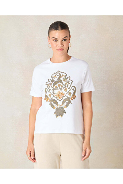 REDTAG Women White Embroidered T-Shirt