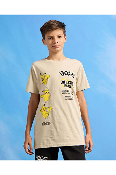 REDTAG Senior Boys Beige Catch Them All Pokémon T-Shirt