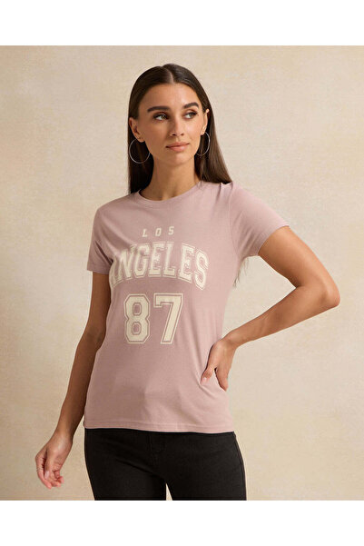 REDTAG Women Short Sleeve Mauve Printed T-Shirt