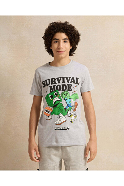 REDTAG تي شيرت ماين كرافت للأولاد الكبار باللون الرمادي لوضع البقاء