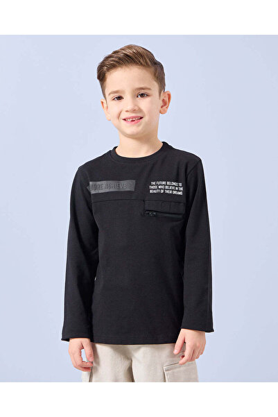 REDTAG Boys Black Long Sleeve Fashion T-Shirt
