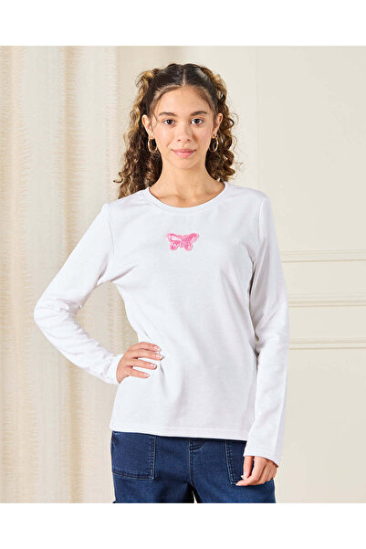 REDTAG Senior Girls White Butterfly Trim T-Shirt