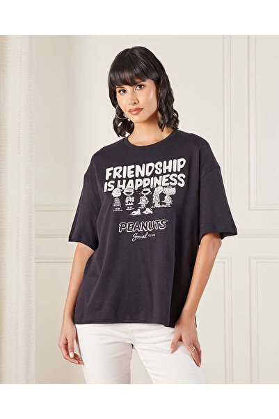 REDTAG تي شيرت نسائي أسود قصة فضفاضة الفول السوداني