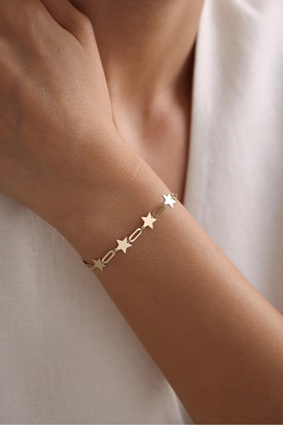 Giza Jewelry 14 Ayar Altın Yıldız Kalın Ataş Işıltılı Bileklik
