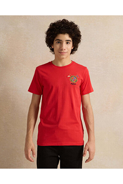 REDTAG Senior Boys Red Embroidered T-Shirt