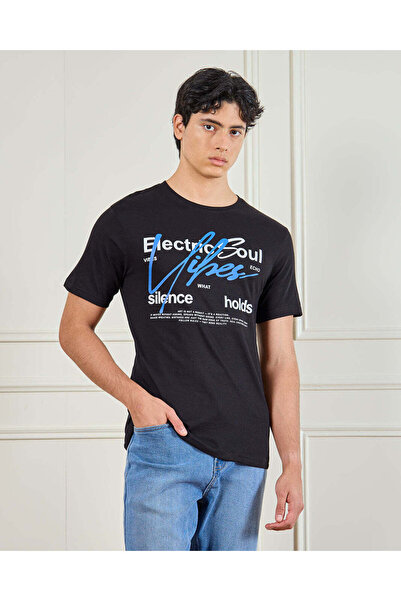 REDTAG Men Black Basic Graphic T-Shirt