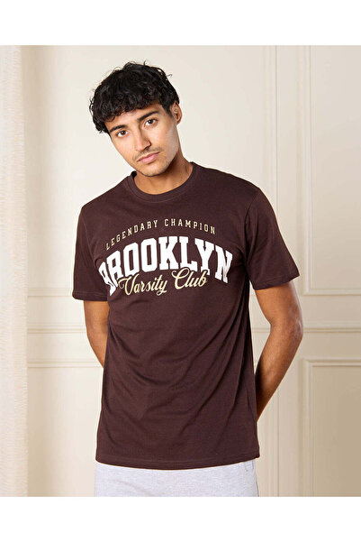 REDTAG Men Brown Brooklyn Print T-Shirt