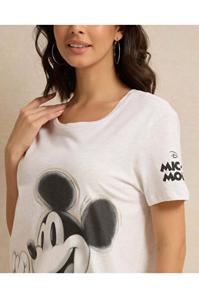 REDTAG Women Ecru Mickey Mouse Printed T-Shirt