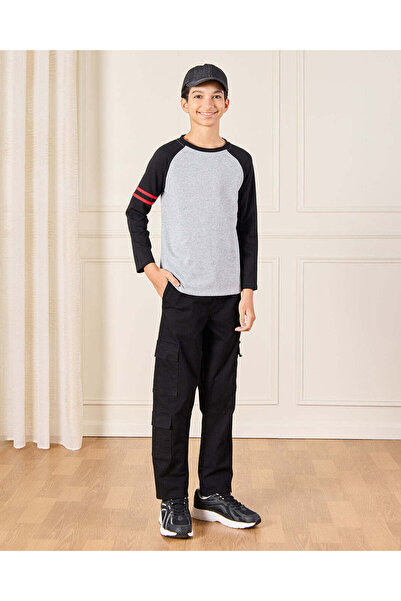 REDTAG Senior Boys Grey And Black Reglan T-Shirt