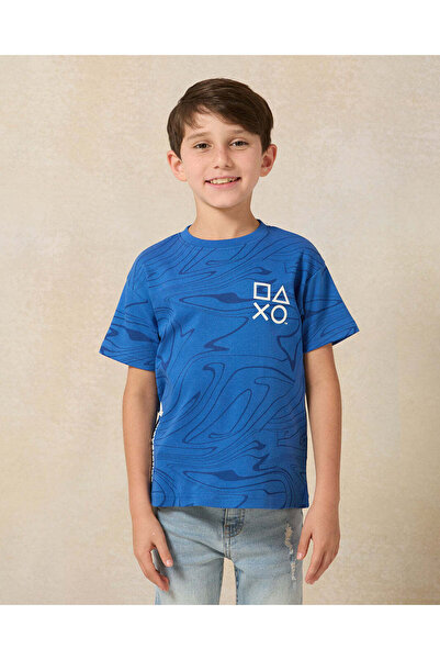 REDTAG Boys Blue Printed PlayStation Short Sleeve T-Shirt