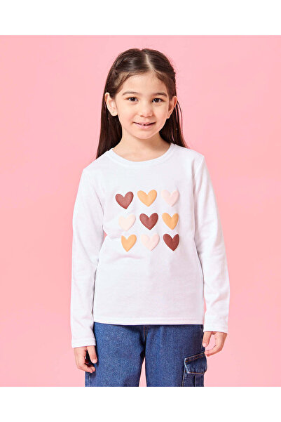 REDTAG Girls White Hearts Print T-Shirt