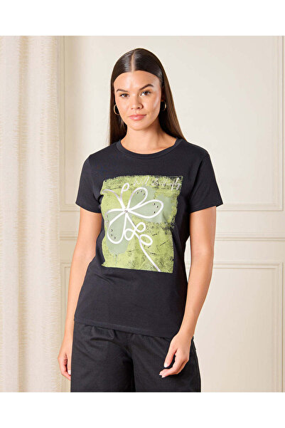 REDTAG Women Black Floral Printed T-Shirt